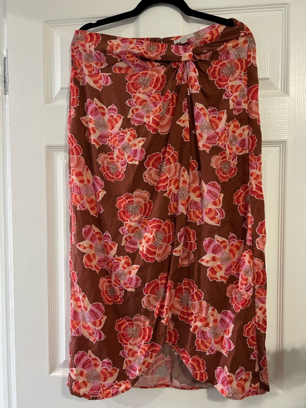 LOFT Brown Midi Skirt with Pink & Red Floral Print